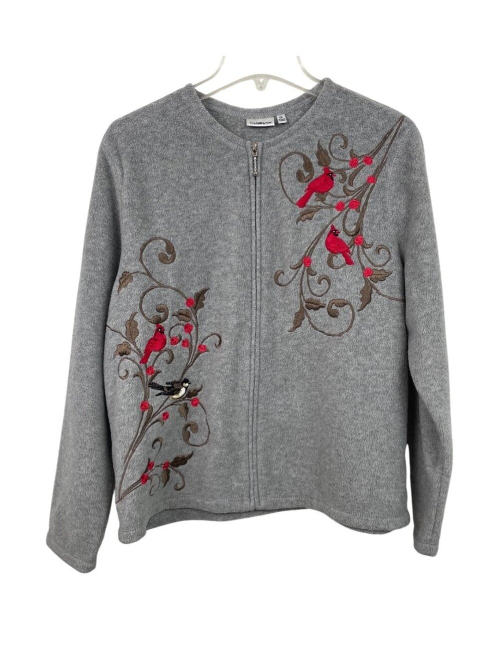 Croft & Barrow Embroidered Cardinals Full Zip Fleece Jacket Gray Size PL